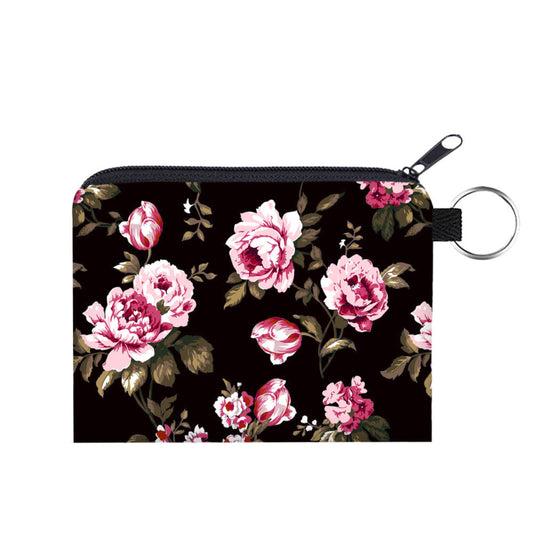 Card & Coin Pouch - Floral Pink on Black